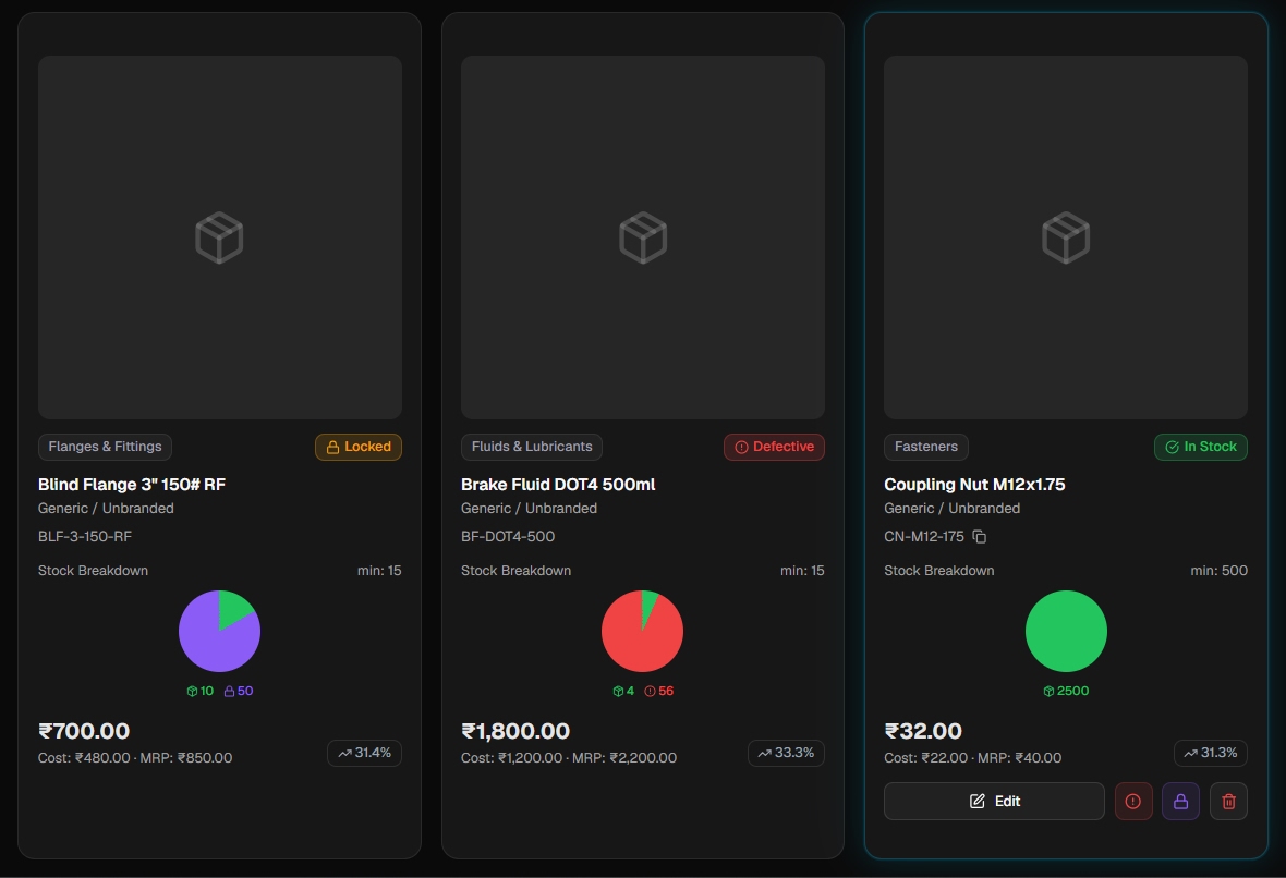 Quantura inventory product cards showing SKU, stock breakdown charts, locked and defective stock states, cost and MRP