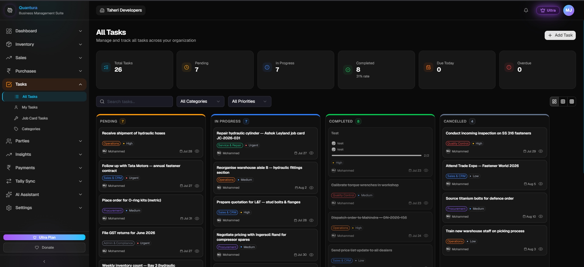 Quantura tasks kanban board with pending, in progress, completed and cancelled columns